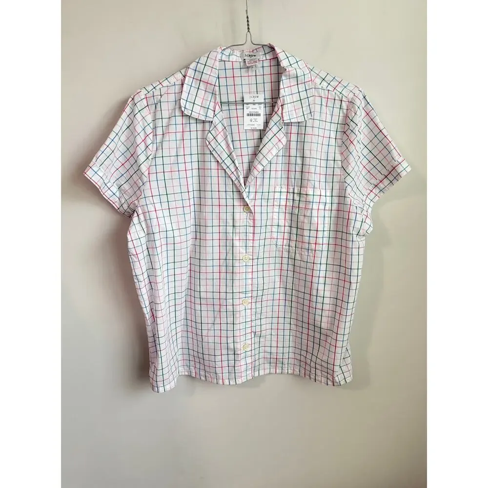 J. Crew Windowpane Cropped Shirt Pajama Top Ivory Resort Pink Multi XS NWT